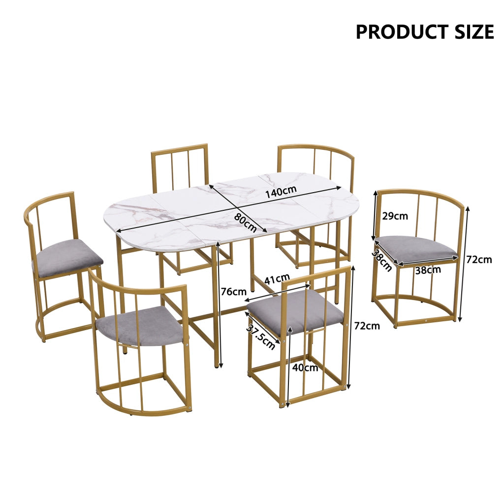 Set da Pranzo con Tavolo Bianco e 6 Sedie in Ferro Dorato con Cuscini Grigi