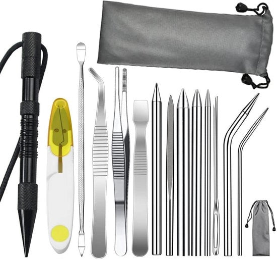 Corona d'oro - Set di ago paracord - Kit per nodi - 14 pezzi - Nero - Acciaio inossidabile - Accessori paracord - Adatto per appassionati di fai da te - Colore nero