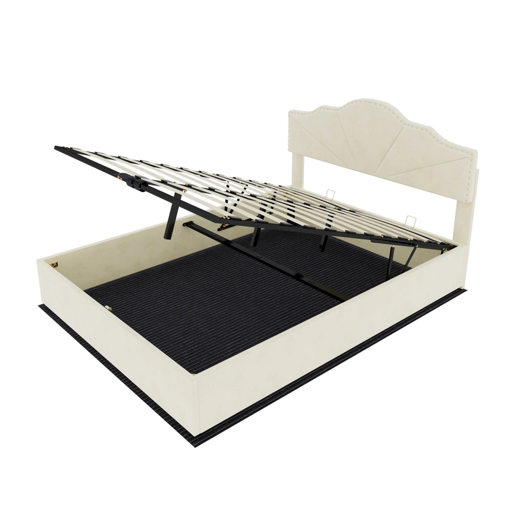 Letto moderno beige 140x200 cm con testiera imbottita e contenitore con pistoni idraulici, struttura in legno multifunzionale senza materasso
