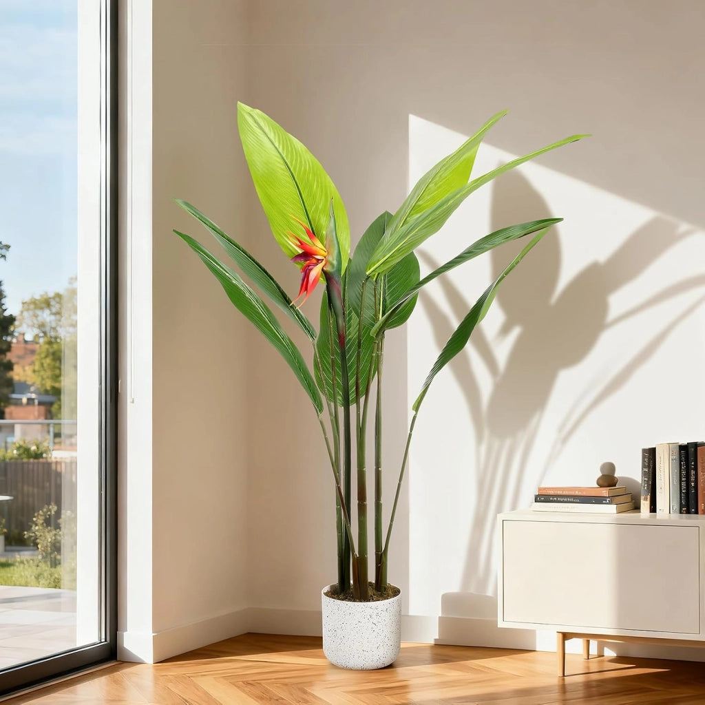 Strelitzia Uccello del Paradiso Artificiale 120 cm con 9 Foglie in PEVA e Vaso