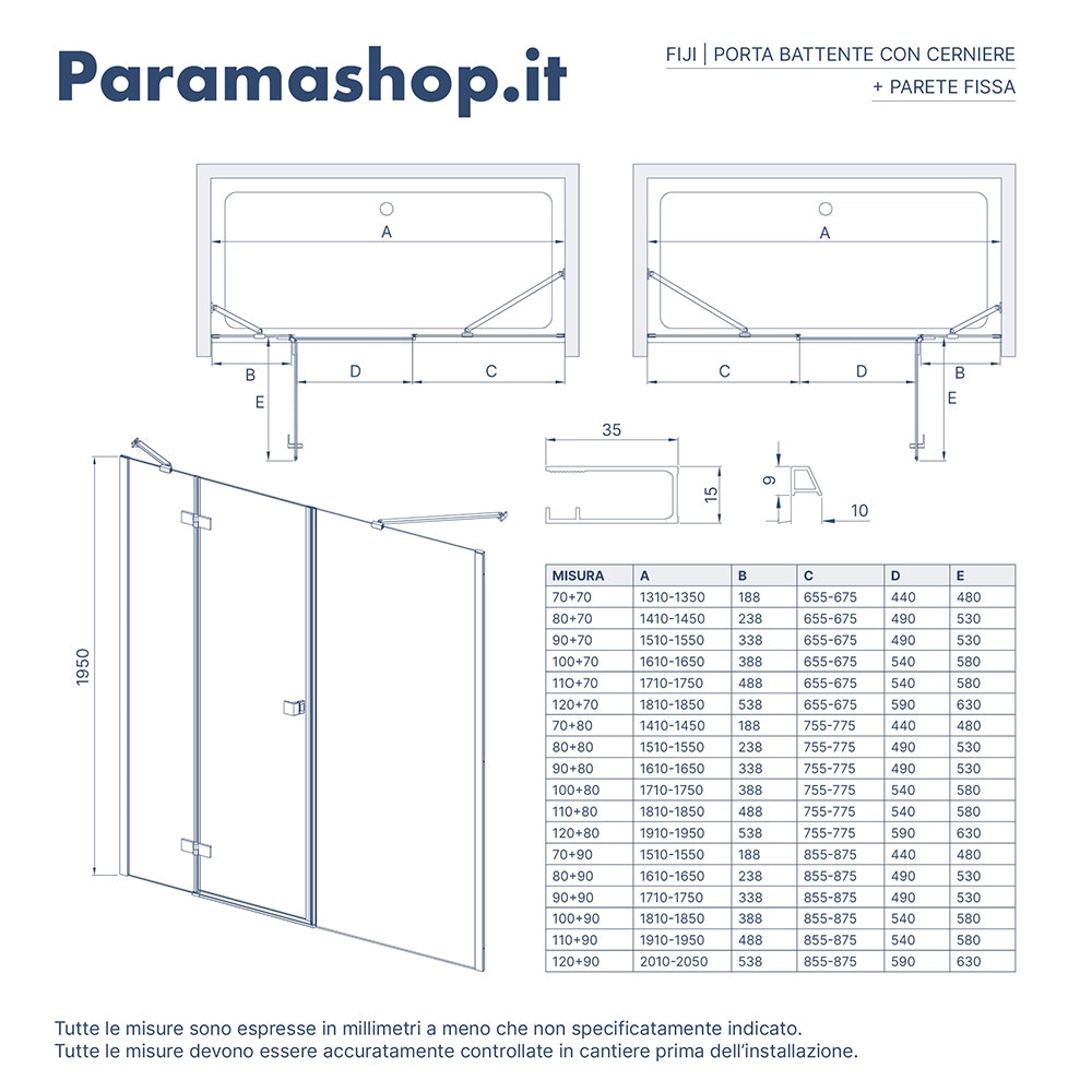 Porta doccia 190cm profili cromati apertura battente a destra con cerniere 100cm e parete fissa da 90cm vetro 8mm trasparente h195 | Fiji