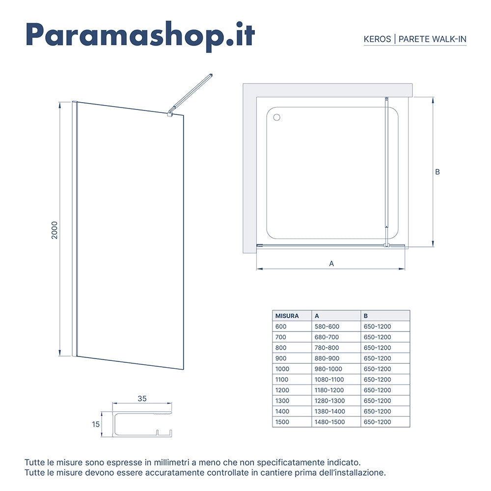 Doccia walk-in 80 cm vetro 8mm anticalcare trasparente h200 profili cromo | Keros