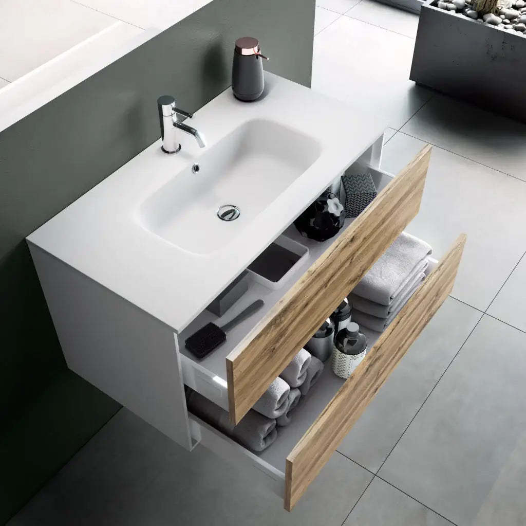 Mobile Bagno 80cm Sospeso Due Cassetti e Specchio - Yuta