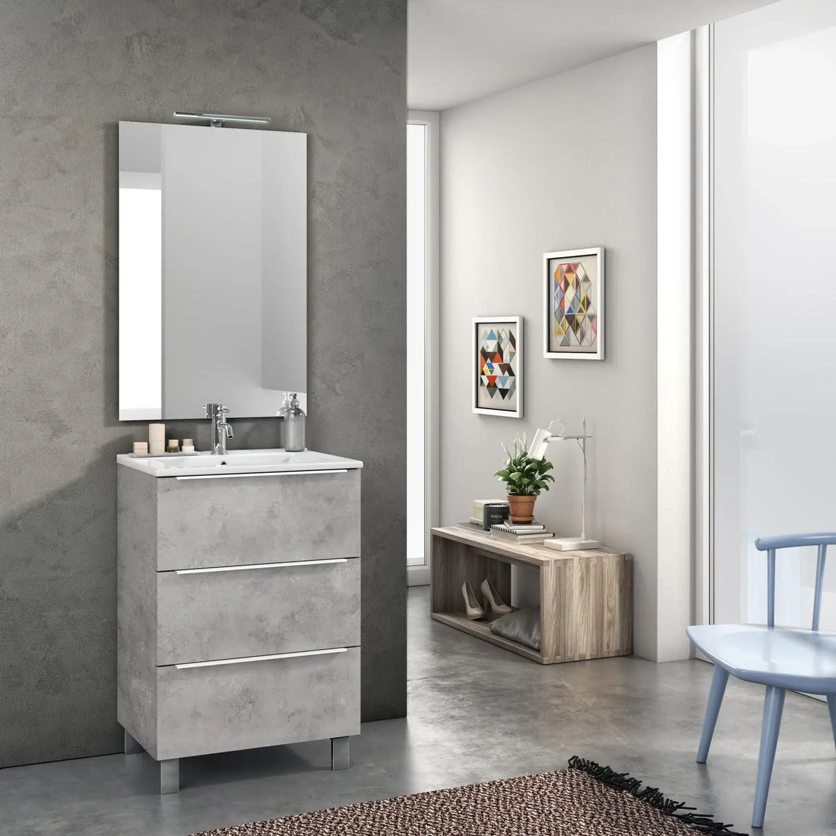 Mobile Bagno 60cm a Terra Con Tre Cassetti e Specchio - Cemento